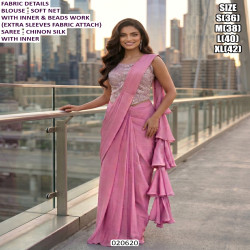 Blush Pink Chinon Silk Ruffle Saree with Beaded Soft Net Blouse